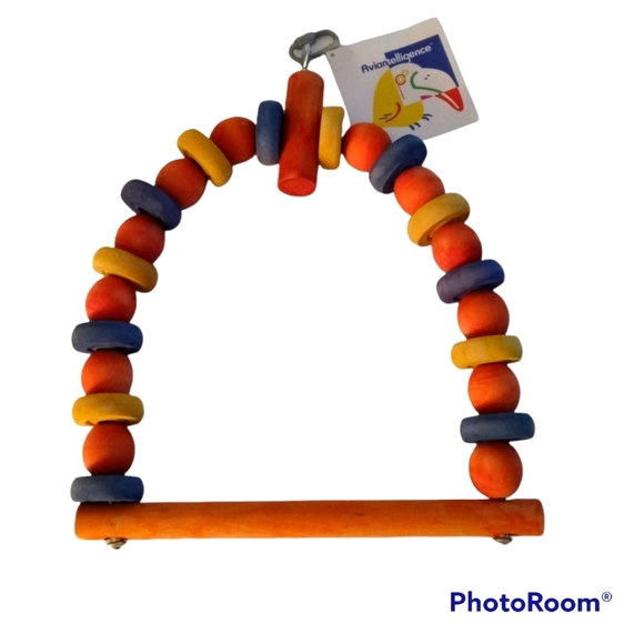 Large, BIRD Hanging Toy Swing, movable wood dowels. 13" H x 9.5 W & 3/4" Perch.